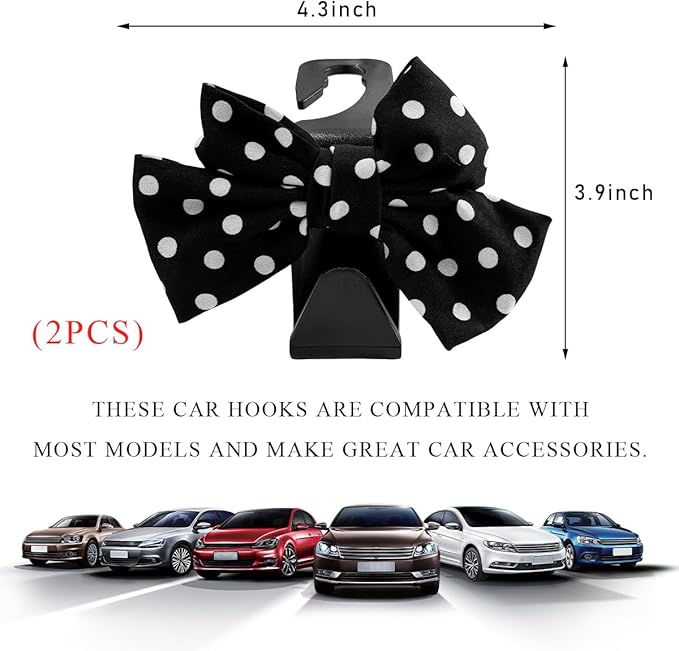 2 PCS Car Seat Headrest Hooks, Cute Bow Shaped Vehicle Backseat Storage Hooks, Leather Bow Shaped Sturdy Car Seat Back Hooks for Purses/Coats/Umbrellas, Car Accessories (Black Dot)