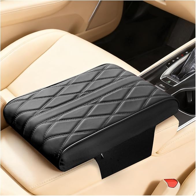 Car Center Console Cover, Memory Foam Leather Vehicle Armrest Seat Box Pad Protector, Comforable Waterproof Automotive Center Middle Cushion Mat Accessories, Universal Fit (Black)