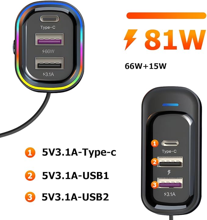 Car Charger with 6 Multi Ports USB Type C, 66W & QC3.0 Fast Charging Adapter Auto Cigarette Lighter Plug, for iPhone 15 Max Pro Samsung Android Smart Phone Tablets & More