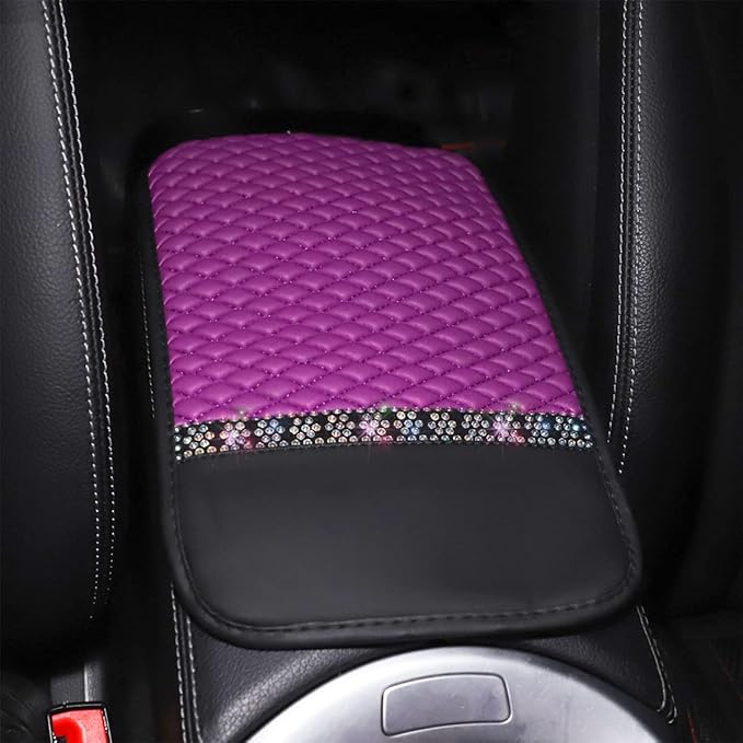 Bling Leather Car Center Console Cover, Car Center Console Protector With Glossy Crystal Rhinestone, Universal Waterproof Car Armrest Seat Box Cover For Most Car, Vehicles, SUVs, Trucks (Purple)