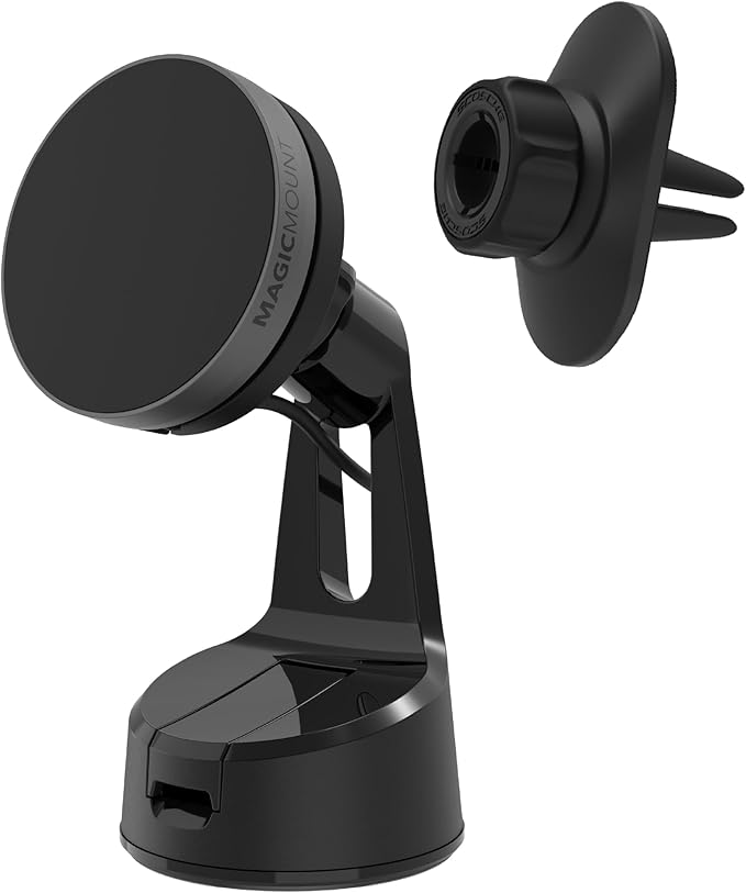 Scosche Qi2 Wireless MagSafe Car Mount Charger, 15W Magnetic Suction Cup Windshield/Dashboard Cell Phone Holder with Vent Clip & Fast USB-C Car Charger Compatible with Apple iPhone 16/15/14/13/12, S25