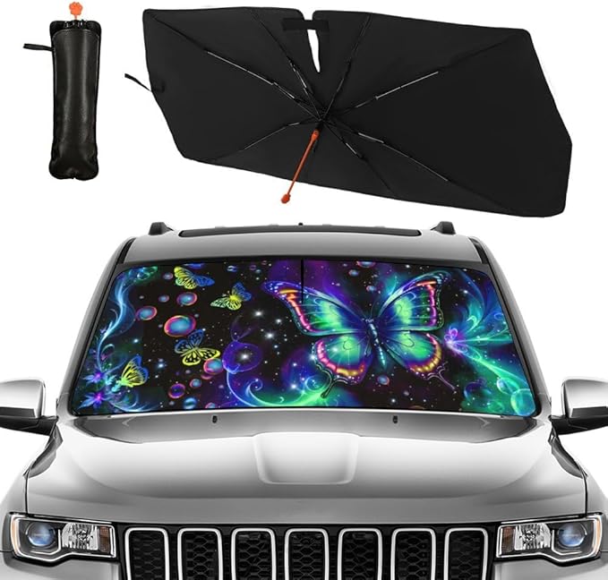 CHILL·TEK Funny Animal Car Windshield Sun Shade Umbrella, Cute Butterfly Car Sun Shade Umbrellas, Block UV Rays Heat Foldable Windshield Umbrella Sun Visor Protector - Keep Vehicle Cool for Cars SUV