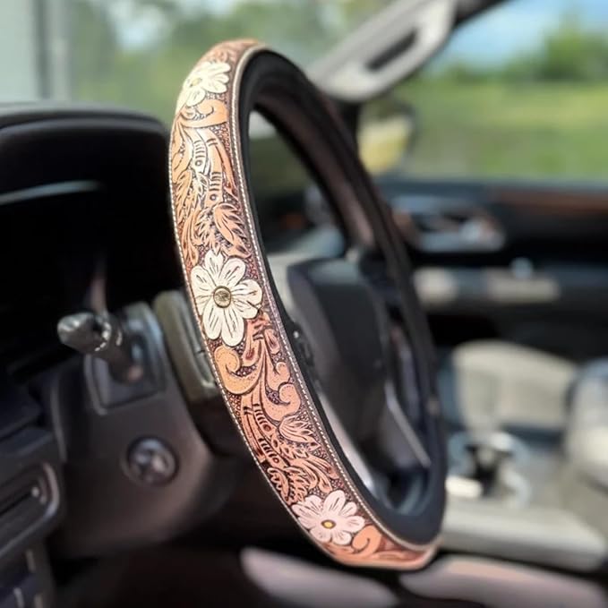 Western Steering Wheel Cover,Retro Western Cowboy Car Universal Steering Wheel Cover,Embossed Hand-Painted Leather Western Car Accessories, for Women Man, Anti-Slip Design Easy to Install (A)