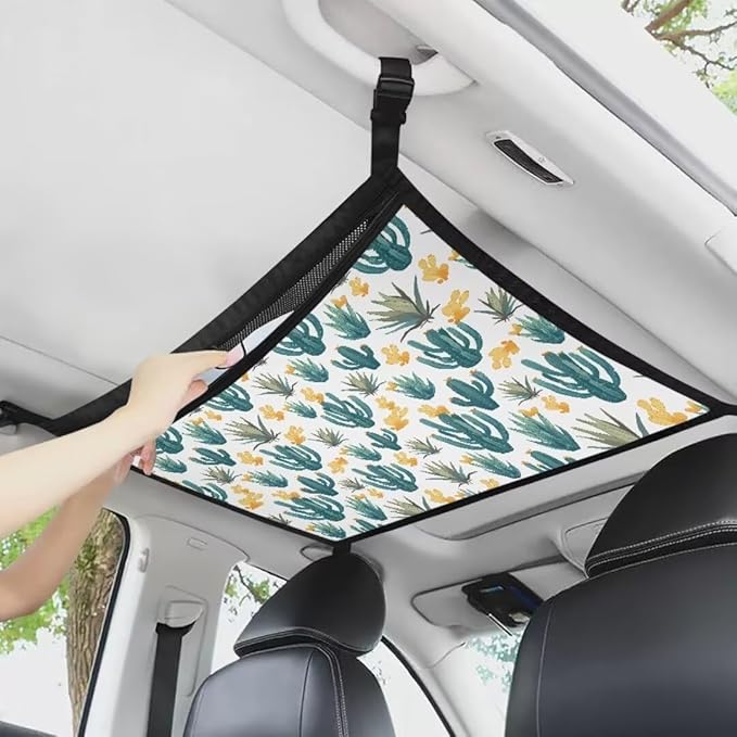 Cactus Pattern Car Roof Storage Bag Multi-Purpose Seat Organizer Car Bag Storage Box Organizer Pouch Pocket Car Travel Accessories Compatible with Most Cars