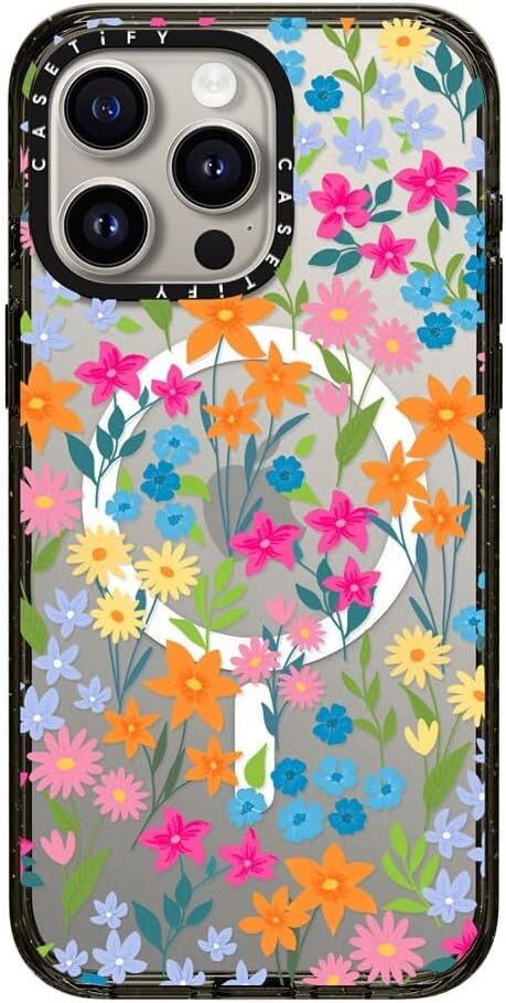 CASETiFY Impact Case for iPhone 15 Pro Max [4X Military Grade Drop Tested / 8.2ft Drop Protection/Compatible with Magsafe] - Flower Prints - Bright Spring Flowers - Clear Black
