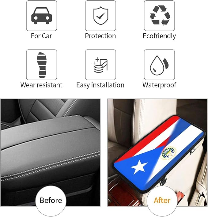 Puerto Rico El Salvadoran Flag Auto Center Console Armrest Cover Car Handrail Box Cushion Pad Mat Universal Fit Most Vehicle Sedan Truck SUV Soft Comfort Decor Accessories