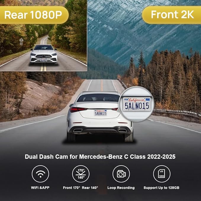 Fitcamx Front 2K+Rear 1080P Dash Cam Adapts for Mercedes-Benz C-Class 2022-2025 C300 Sedan Coupe Cabriolet (HD2-6329), OEM Look, Dual Loop Recording, WiFi & APP, G-Sensor, Easy to Set, 64GB Card