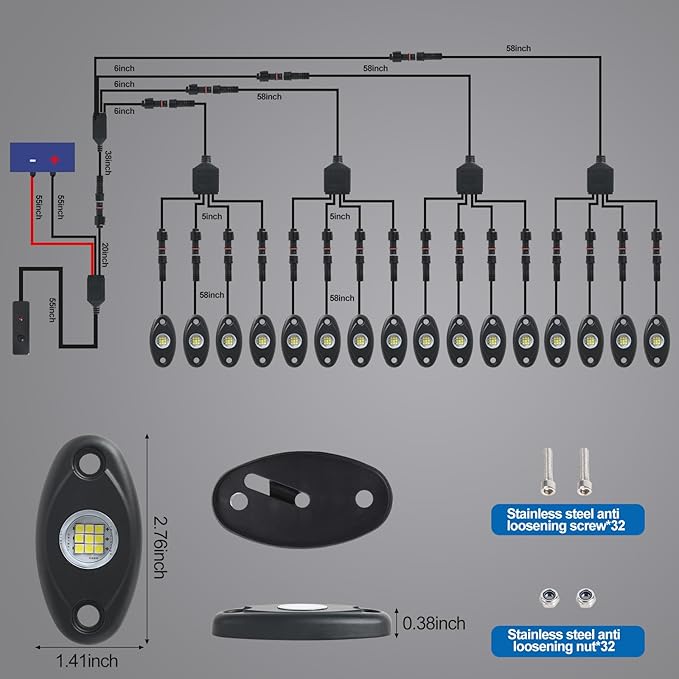 24pods White Rock Lights Dc 12v-80v 6000k Aluminum Alloy Pure White Led Rock Lights with Switch Wiring Harness Kit Ip68 Waterproof for Trucks Pickup Offroad Car SUV Utv ATV Rv Fends Underglow Lights