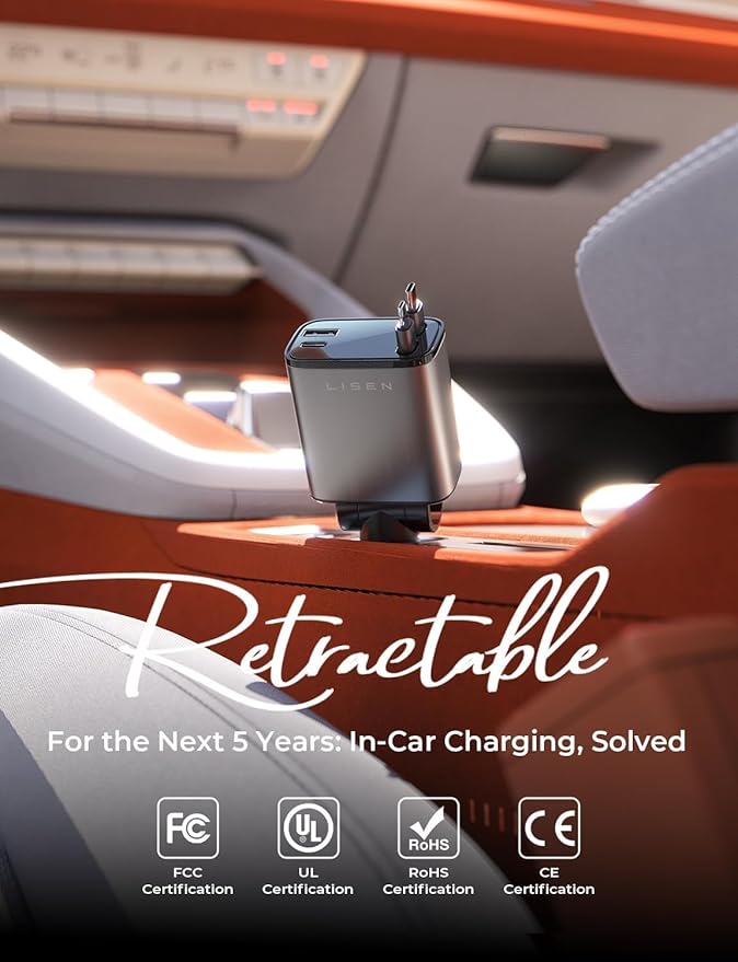 LISEN Retractable Car Charger, Dual USB C Retractable Cable Fast Car Adapter [84W Total] Travel Essential Car Accessories for Men Women, for iPhone 17 16 15 Pro Max, Samsung S26 S25 S24, Pixel, iPad