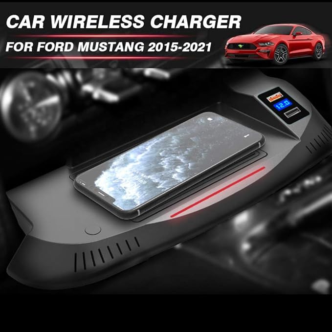 Wireless Car Charger for Ford Mustang 2015 2016 2017 2018 2019 2020 Center Console Accessory Panel, 15W Fast Charging Phone Charger Pad with QC3.0 USB Port for iPhone Galaxy Any Qi Phone