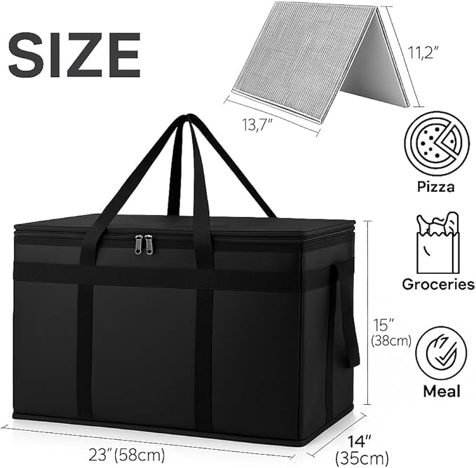 Bodaon Insulated Food Delivery Bag With Hard Bottom, XXXL Pizza Cooler Bags, Rideshare Delivery Bag, Grocery Shopping and Catering Thermal Cold/Hot Styrofoam Carrier for Travel/Car