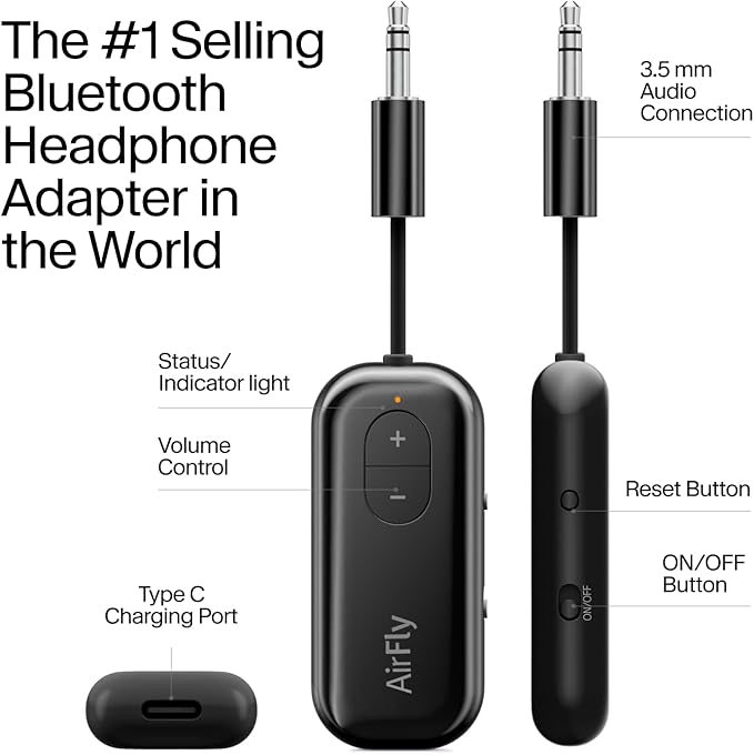 Twelve South AirFly SE, Bluetooth Wireless Audio Transmitter for AirPods/Wireless or Noise-Cancelling Headphones; Use with Any 3.5 mm Audio Jack on Airplanes, Gym Equipment or iPad/Tablets (Black)