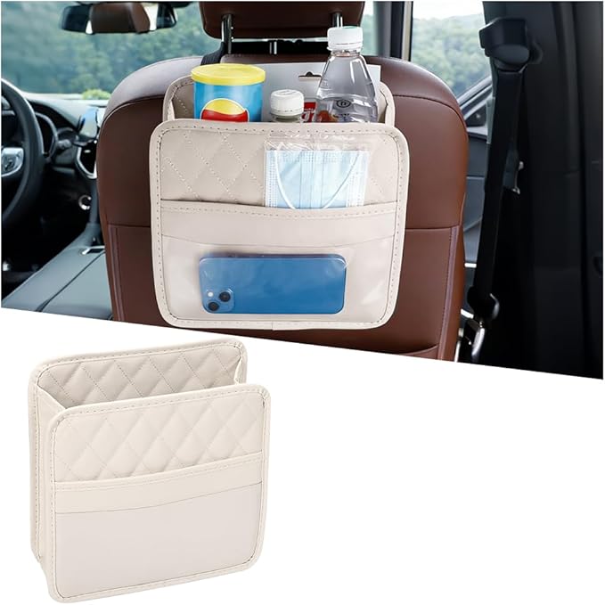 Car Seat Back Organizer, Leather Multipurpose Automotive Hanging Storage Bag Pockets, Vehicle Interior Backseat Trash Bag Can Organizer Accessories, Universal for Most Cars (Beige)