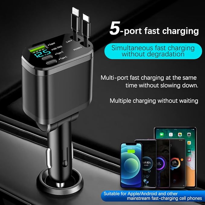 90W Multi-Port Car Charger with Voltage Detection, Super USB-A +2C Fast Charging with Cable L2.4A +PD30W Retractable Cable for iPhone15/16, Compatible with iPhone/Samsung/Android/iPad and More