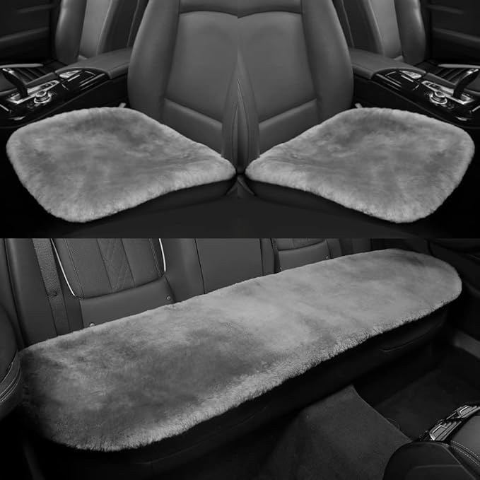 Genuine Sheepskin Auto Seat Pad, Australian Soft Wool Seat Cover Breathable and Sweat-Wicking Universal Fit (Front seat Cushion 2pcs & Rear seat Cushion 1pc, Gray)