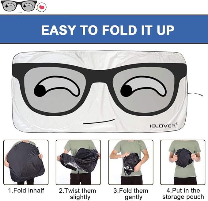 IC ICLOVER Car Windshield Sunshade with Pet Design, Cute Cartoon Design Front Auto Car Windshield Sun Shade Folding Silvering Sun Visor - UV Coating for UV Ray Deflector (Big Eyes)