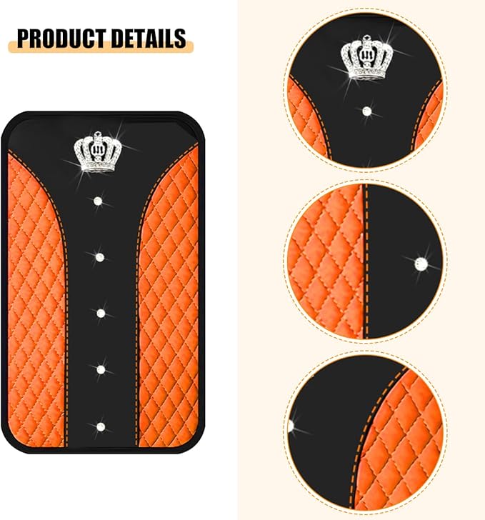 Bling Car Center Console Cover, Crown Crystal Rhinestones Vehicle Armrest Mat Protector, Anti Slip Sparkling Automotive Arm Rest Seat Box Cushion Pad Decor Accessories, Universal Fit (Orange)