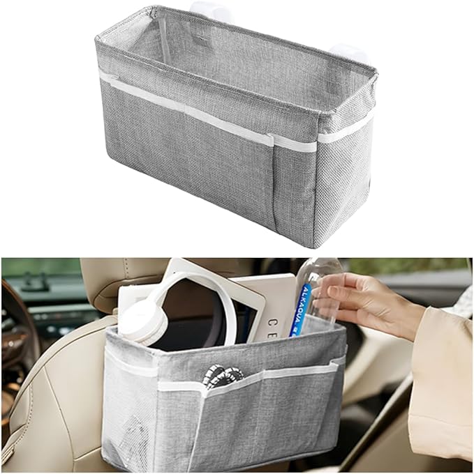 Car Seat Back Organizer, Linen Hanging Self-Adhesive Vehicle Backseat Storage Bag with Multiple Pockets, Auto Caddy for Book Water Bottle Holder, Universal for SUV, Truck, Van (Light Gray)
