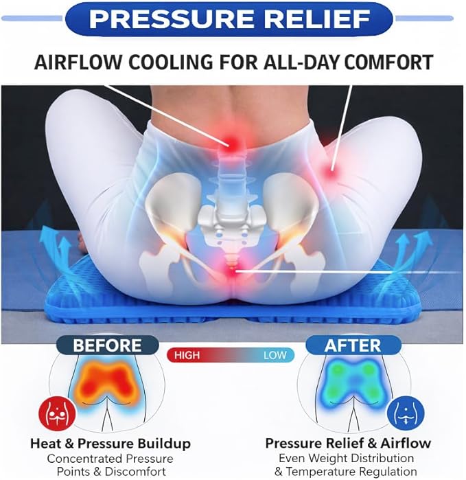 Large Gel Seat Cushion for Long Sitting, Cooling Gel Cushion for Office Chair, Tailbone Sciatica Coccyx Pain Pressure Relief Orthopedic Seat Cushion, Double Handles Non Slip Cover for Car Wheelchair