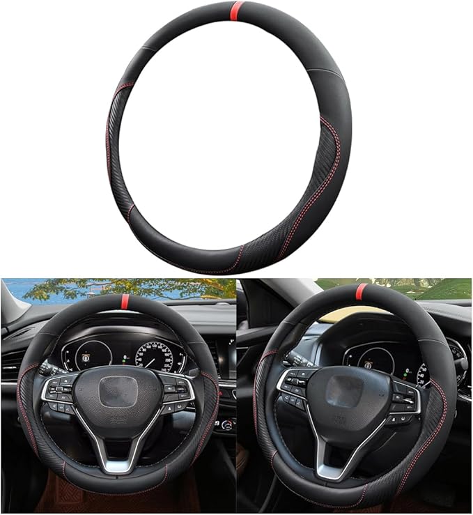 Mandark Car Steering Wheel Cover, 15 Inchs Microfiber Leather Non-Slip Vehicle Steering Wheel Protector, Breathable Auto Interior Protection Accessories, Universal for SUV Sedan Truck (Black/Red-A)