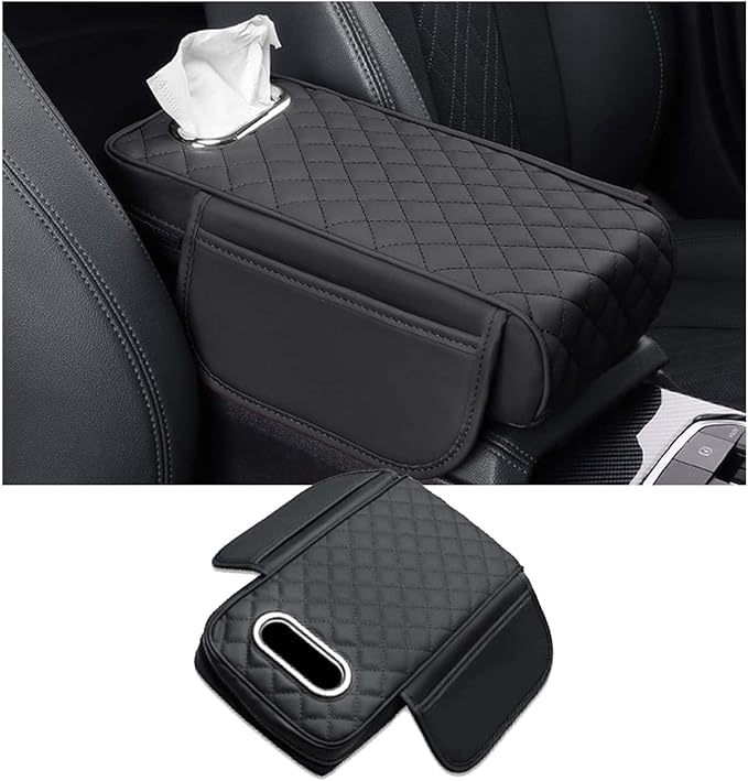Car Center Console Armrest Pad for Lincoln, Leather Cover with Storage Pocket & Tissue Box Holder, Memory Foam Cushion for Aviator Standard SUV 2020-2025,Black