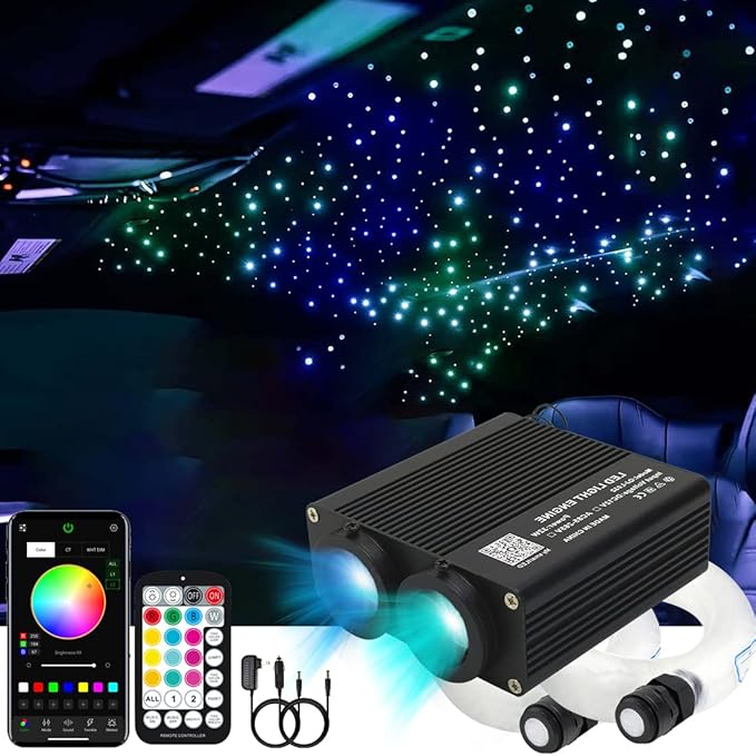 AZIMOM Dual Color 32W Sound-Activated Mix860pcs Fiber Optic Starlight Headliner Kits 13.1ft Fiber Strands APP/Bluetooth Remote Control Star Ceiling Car Home Roof Decor