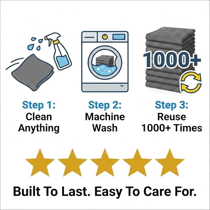 MIRACLEAN Waffle Weave Microfiber Towel, 12 x 12 inches, Barista Towels, Lint Free Cloth, Glass Towels, Waffle Towels Car Detailing, 6 Pack Premium Microfiber Cleaning Cloth