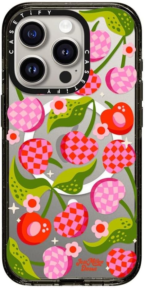 CASETiFY Impact Case for iPhone 15 Pro [8.2ft 4X Military Grade Drop Protection/Compatible with Magsafe] - Checkered Cherries - Clear Black