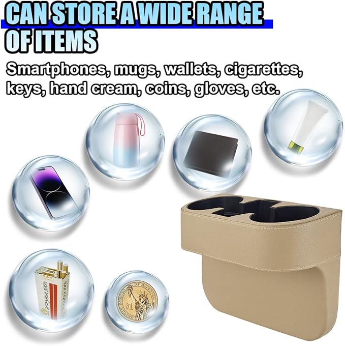 ZIMISI Car Cup Holder, PU Leather Auto Front Console Gap Filler Organizer, Multifunctional Cup Drink Holder, Car Seat Gap Filler Storage Box, Coin Bucket, Cell Mobile Phone Holder (Beige)