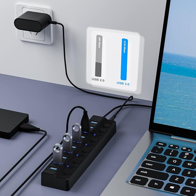 ONFINIO Powered USB Hub 3.0, 10-Port USB Splitter Hub with Individual On/Off Switches and 12V/2A Power Adapter USB Extension