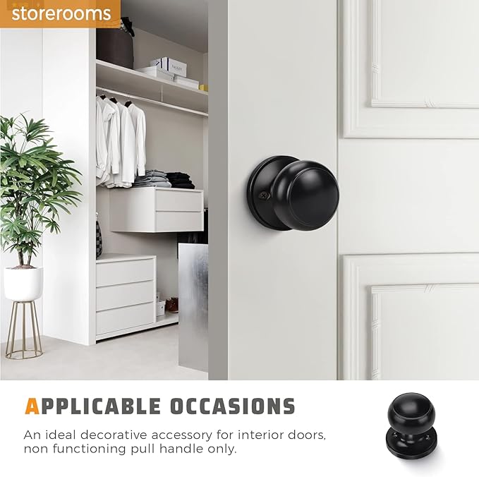 KNOBWELL 6 Pack Black Dummy Door Knob, Single Sided Handle for Closets, French Double Doors, and Pantry, Matte Black One Side Non-Turning Interior Push/Pull Door Knob