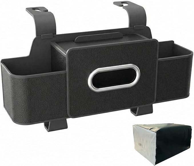 Backseat Car Organizer with Tissue, Multifunctional Car Back Seat Organizer with Cup Holders Tissue Box and Hook for Holding Phone, Snacks, Drinks and Handbag (Black)