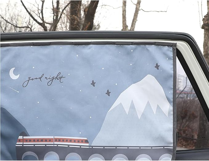 Magnetic Car Sun Shade Curtain for Side Window – Sun Blocker and UV Protector for Baby, Kids, and Pets – Universal Fit with Built-in Magnets for Steel-Framed Door (Bebe Train)