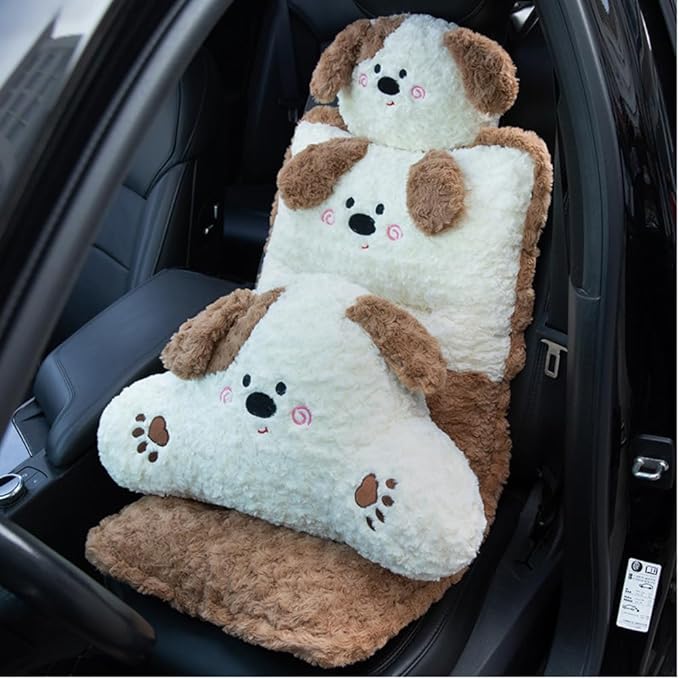 Plush Car Seat Cushion Set with Lumbar Support & Neck Pillow Cute Dog and Bear Shape Pillow for Driving Travelling Home Décor
