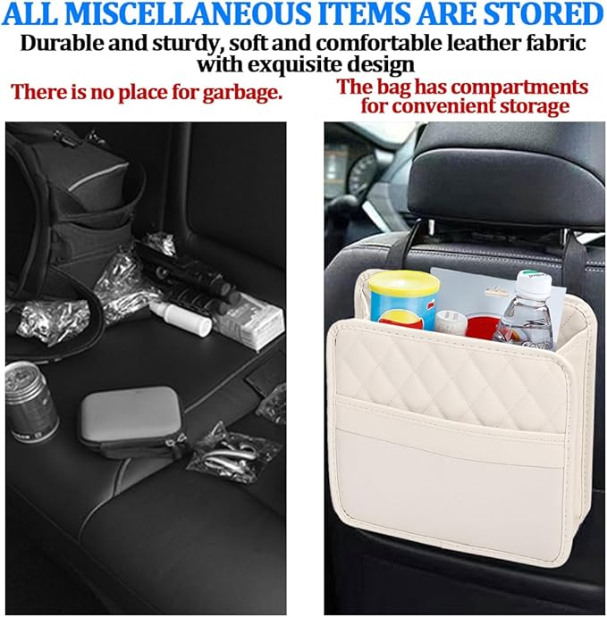Car Seat Back Organizer, Foldable Leather Vehicle Backseat Storage Bag, Multifunctional Automotive Interior Hanging Pocket Accessories, Universal Fit (Beige)