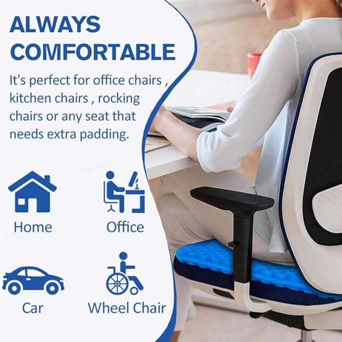 Gel Seat Cushion, Jumbo&Thick Gel Cushion with Non-Slip Cover for Home Office Car Seat Wheelchair, Soft Breathable Honeycomb Chair Pads for Relieve Hip Pain, Blue 20x20x1.9inch