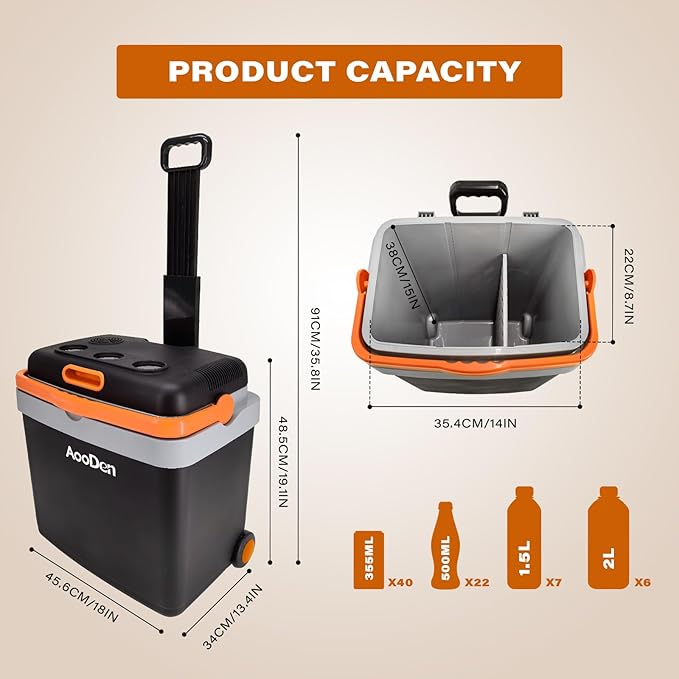Electric Car Cooler and Warmer 35 Quart(33 Liter) Capacity with Draw bar and Wheels, Thermoelectric Iceless Cooler for Travel, Camping, Vehicles, Truck, Home - 12V DC and 120V AC