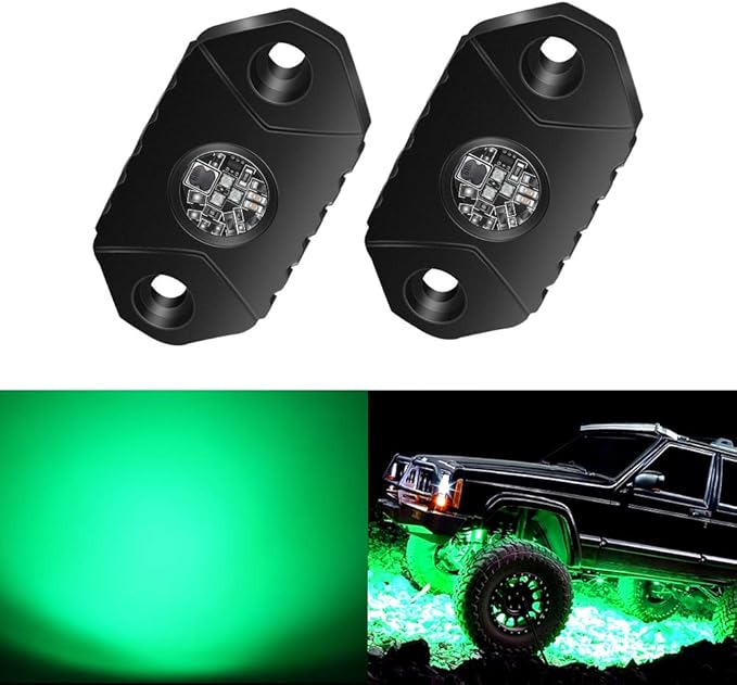 4WDKING Green LED Rock Lights, 2 Pods IP68 Waterproof Underbody Glow Trail Rig Lamp LED Neon Lights for Truck Off Road Truck Car Boat ATV SUV Motorcycle