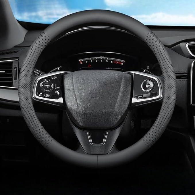 Leather car Steering Wheel Cover, Ultra-Thin, Non-Slip, for Men and Women, Round/D-Shaped, wear-Resistant in All Seasons, Universal Interior Decoration Accessories Grip Cover (Round Type)