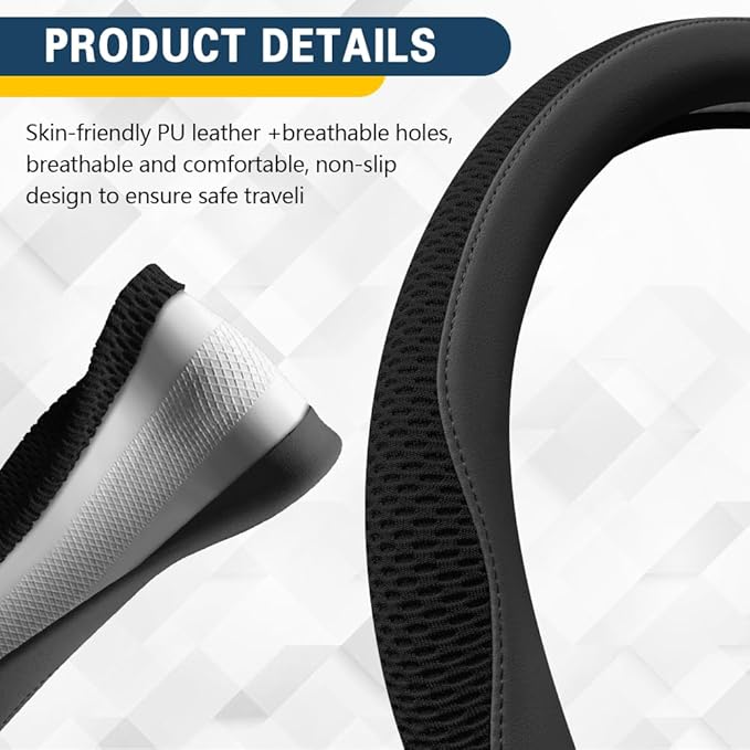 Car Steering Wheel Cover, Steering Wheel Accessories, Universal 15 Inch Microfiber Breathable LCE Silk, Car Accessories Breathable Anti-Slip Protector Universal for SUV Sedan Truck (Black)