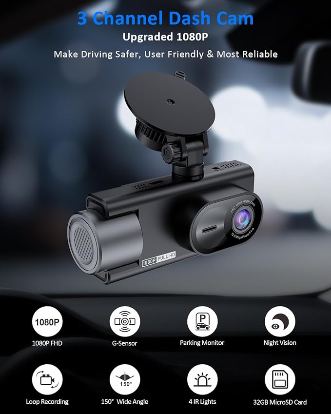 3 Channel 360 Dash Cam Front and Rear and Inside with 32G Card,1080P Dash Camera for Cars,Night Vision,3.0" IPS Screen,170° Wide Angle,Loop Recording,24H Parking Mode
