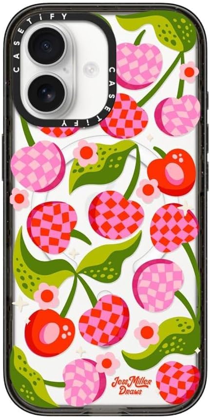 CASETiFY Impact iPhone 17 Case [Slim/Compatible with Magsafe / 8.2 ft. 4X Military Grade Drop Protection] - Checkered Cherries - Clear Black