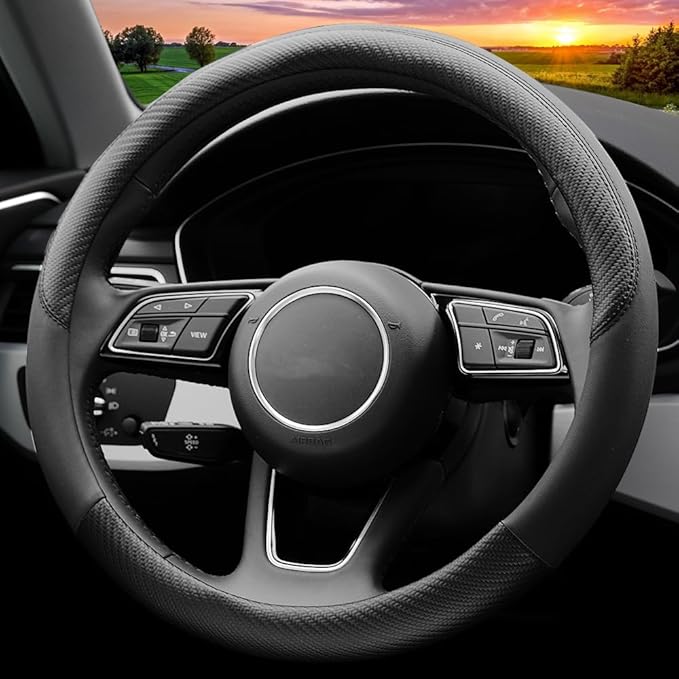 Car Steering Wheel Cover, Soft Microfiber Leather, Universal Fit 15 Inch, Breathable Anti-Slip for Cars, SUVs, Vehicles, Sedans, Trucks, Vans (Black)
