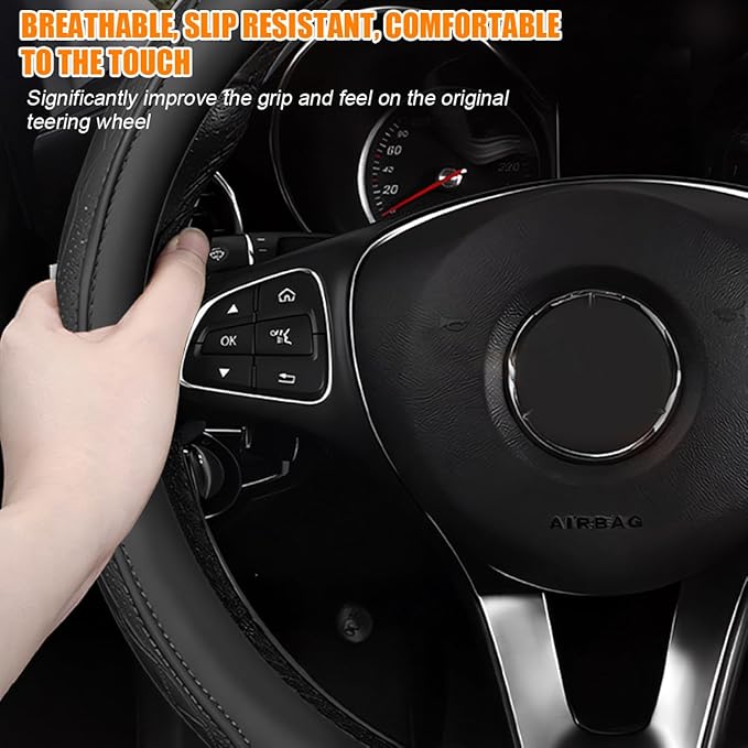 Car Steering Wheel Cover, 14.5-15" Breathable Soft Leather Vehicle Steering Wheel Protector with Anti-Slip Lining, Comfortable Auto Interior Decoration Accessories, Universal Fit (Black)