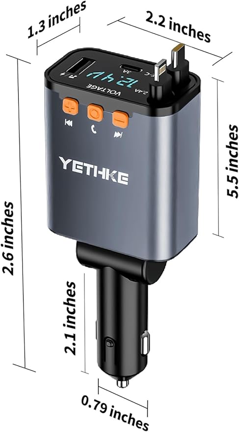 Bluetooth Car Adapter with Retractable Charger,[Upgrade] Bluetooth 5.4 FM Transmitter for Cars, 4 in 1 Fast Car Charger 69W, Handsfree Call, 2*Retractable Cable for iPhone 17/16/15/14, Galaxy-Gray