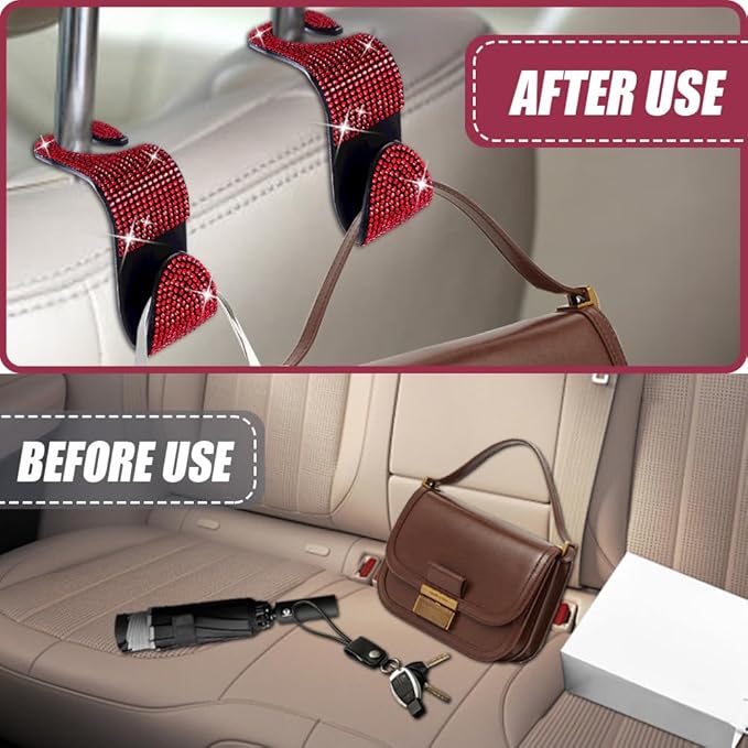 2 Pack Car Seat Headrest Hooks, Bling Car Organizer Hanger Storage Hooks for Bags, Clothes, Coats, Grocery Bags (Red)