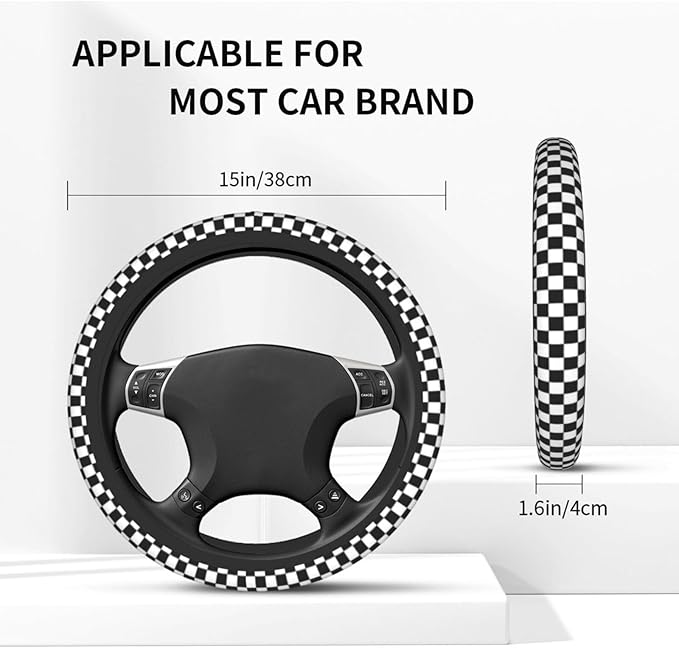 Black and White Checkered Steering Wheel Cover Wheel Cover Anti-Slip Breathable Universal for 15 Inch Car Steering Wheel Cover with 2 Pieces Car Coasters Suitable for Men Women