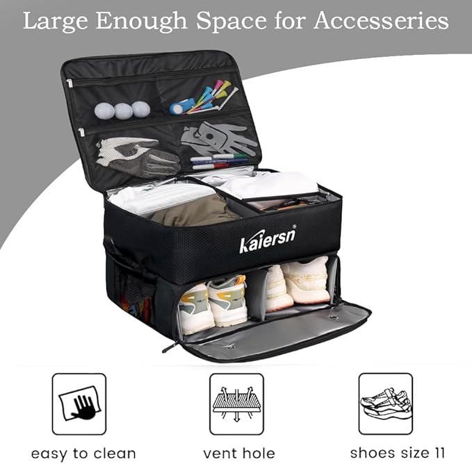 2 Layer Golf Trunk Organizer, Waterproof Car Golf Locker with Separate Ventilated Compartment for 2 Pair Shoes, Golf Trunk Storage for Balls, Tees, Clothes, Gloves, Accessories, Golf Gifts