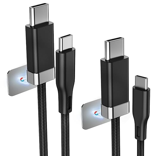 Magtame USB C to USB C Cable 2 Pack [3.3/5FT], StayCable with Magnetic Metal Plate Holder, 60W Fast Charging Type-C Charger Cord, Cable Management for iPhone 17/16/15, Laptop, Car, Original Design