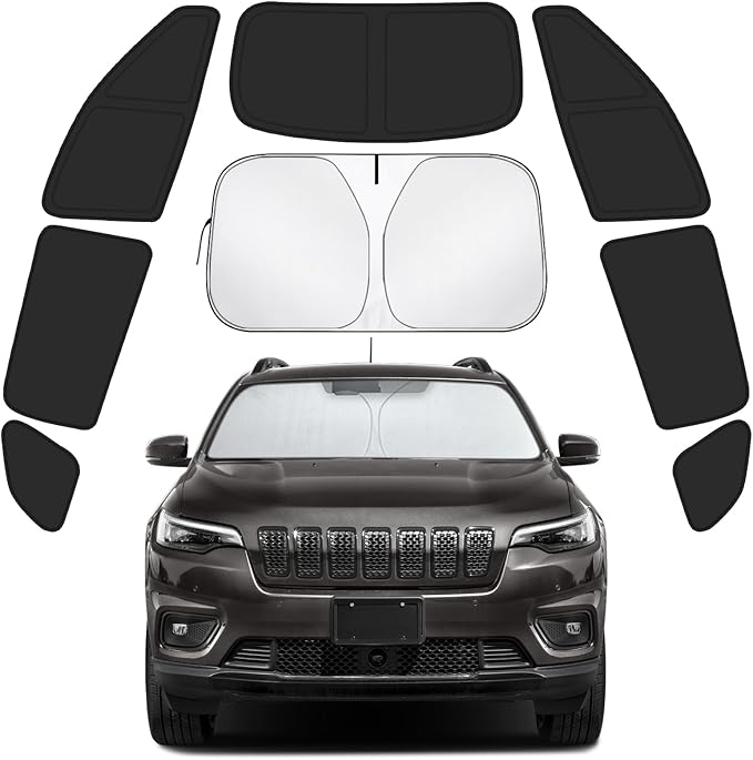 Car Window Shades for Jeep Cherokee 2014-2024 Accessories - Full Set 8PCS Side Window Sunshades with Memory Frame & Blackout Fabric, Privacy UV Shield for Camping/Travel